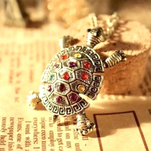 TURTLE Long Sweater Necklace Bronze & Colorful Rainbow Crystal Rhinestones - Picture 3 of 9